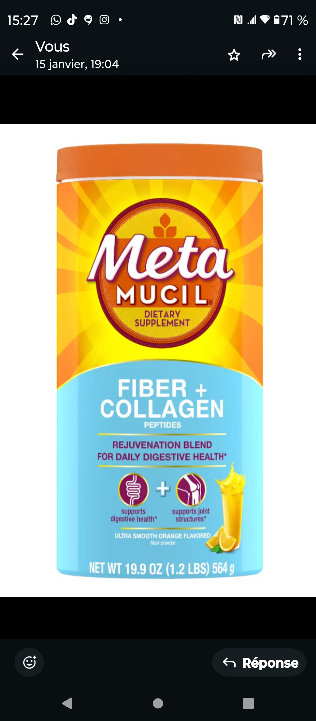Metamucil, saveur orange, combinant fibres de psyllium et des peptides de collagène, mélange rajeunissant et soutient la santé digestive.