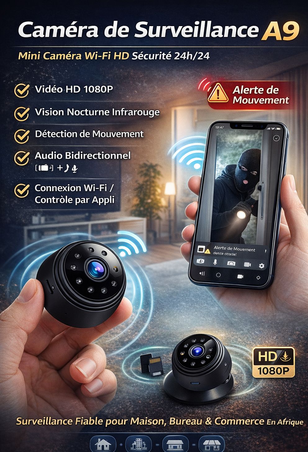 Caméra de Surveillance A9 – Mini Caméra Wi-Fi HD Sécurité 24h/24