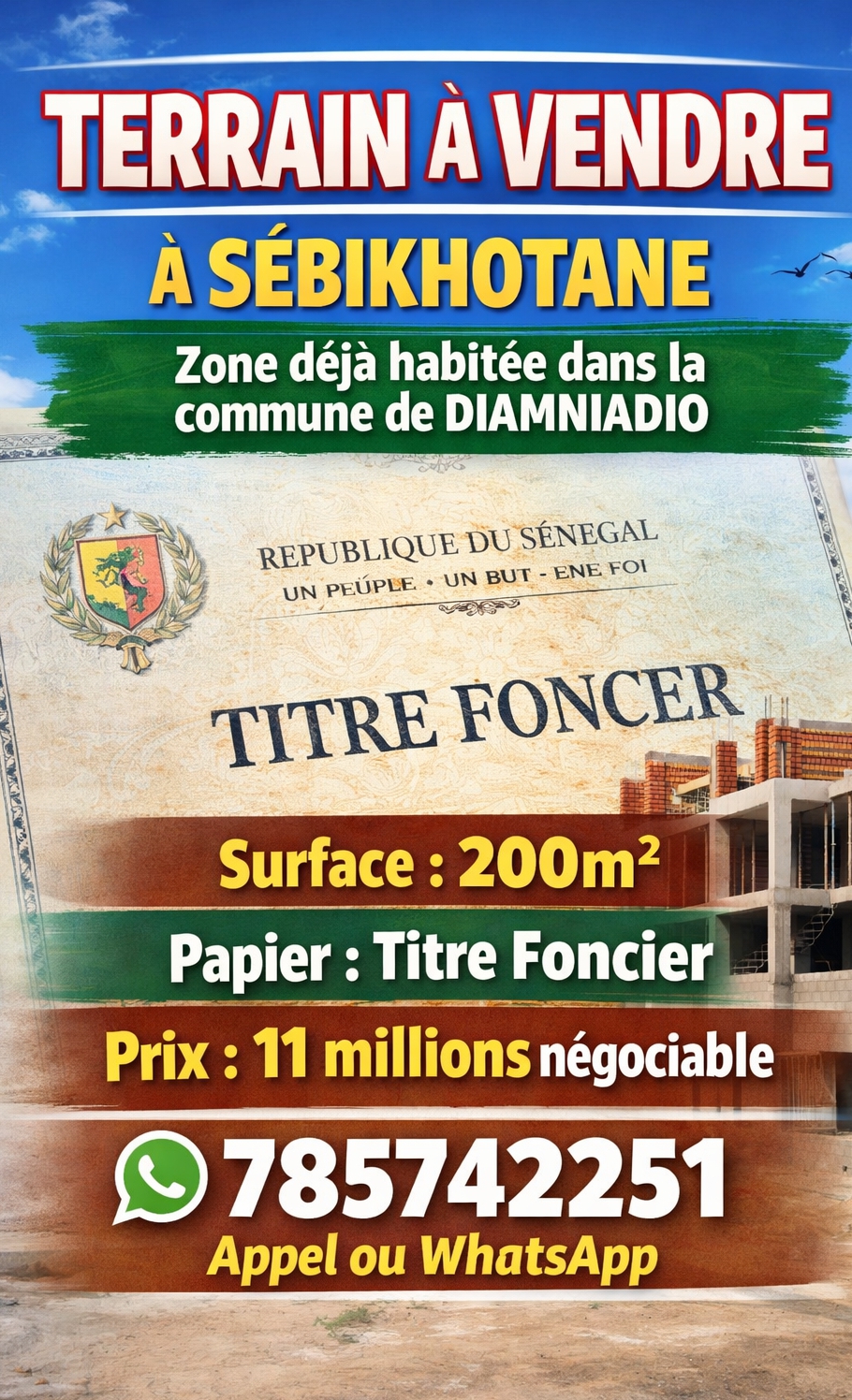 Terrain 200m² titre foncier Sébikhotane