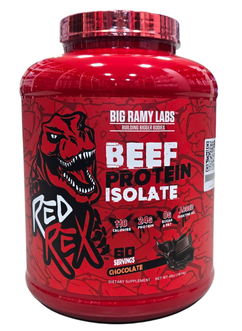 Isolat de protéines de bœuf Big Ramy Labs Red Rex, saveur chocolat.